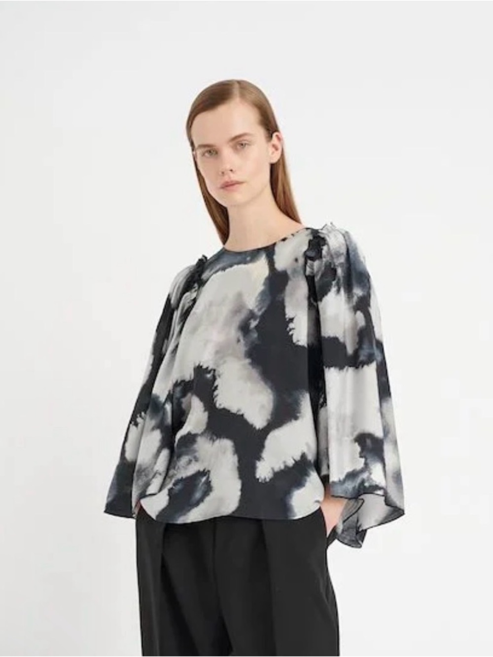 Tie-Dye Inspired Long Sleeve Blouse in Black & White